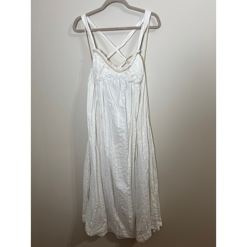 Free People White Textured Midi Dress Bohemian Open Back Tie Straps Womens Large - Picture 2 of 8